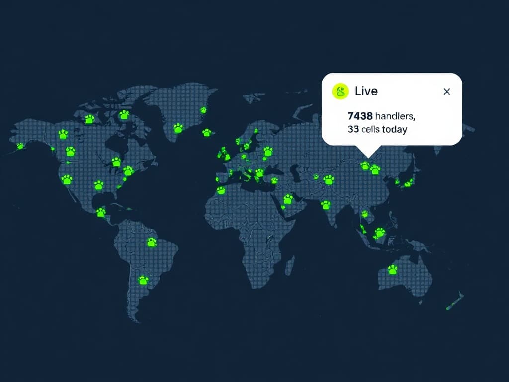 Screenshot of the Dogonaut global walks map: a dark dot-density world map with thousands of paw-print territory markers clustering along North America, Europe, Japan, Australia and the Brazilian coast, a live count card reading 7,438 handlers, and a breed-color legend along the bottom-left.